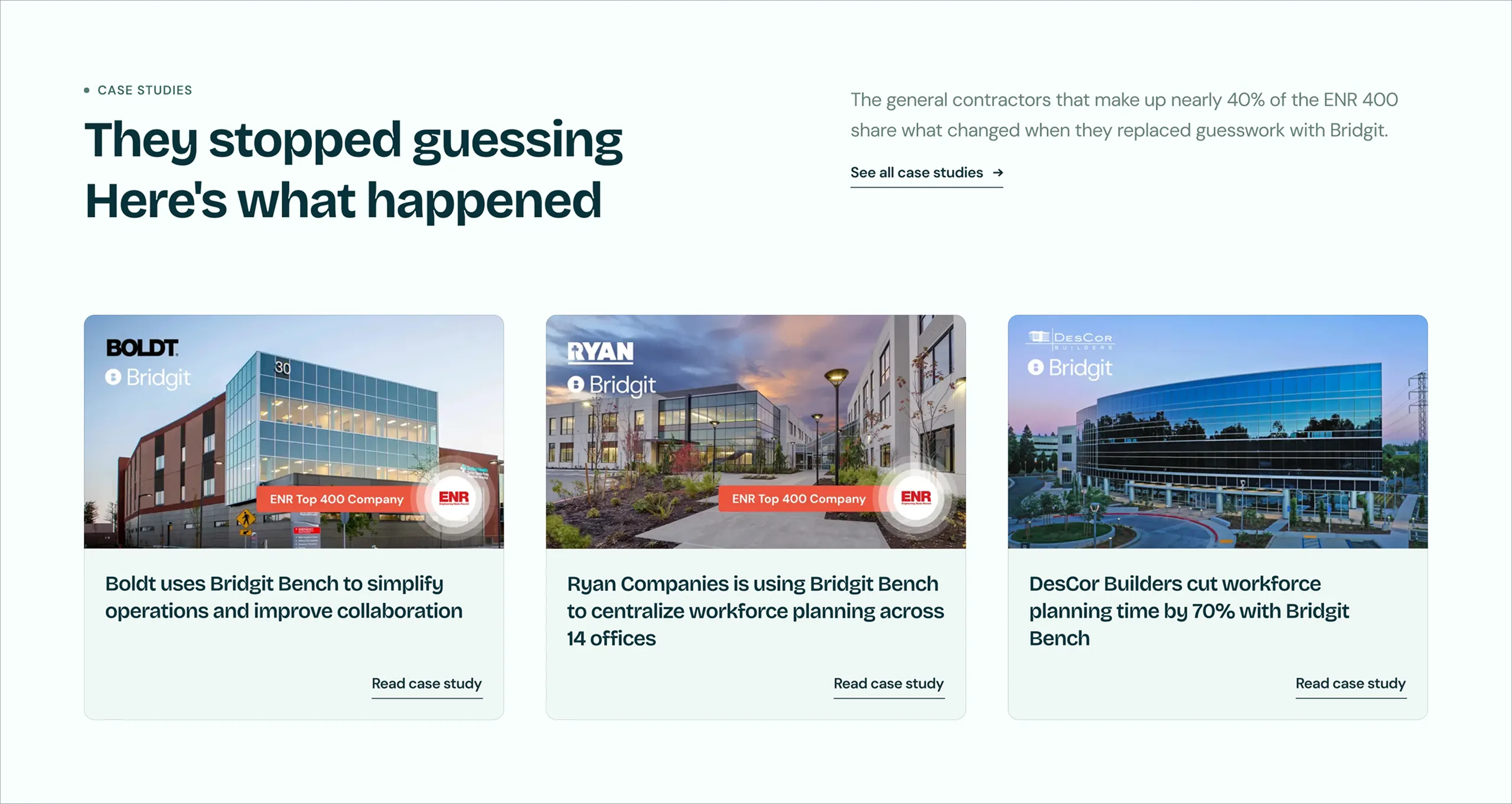 Bridgit case studies and social proof section