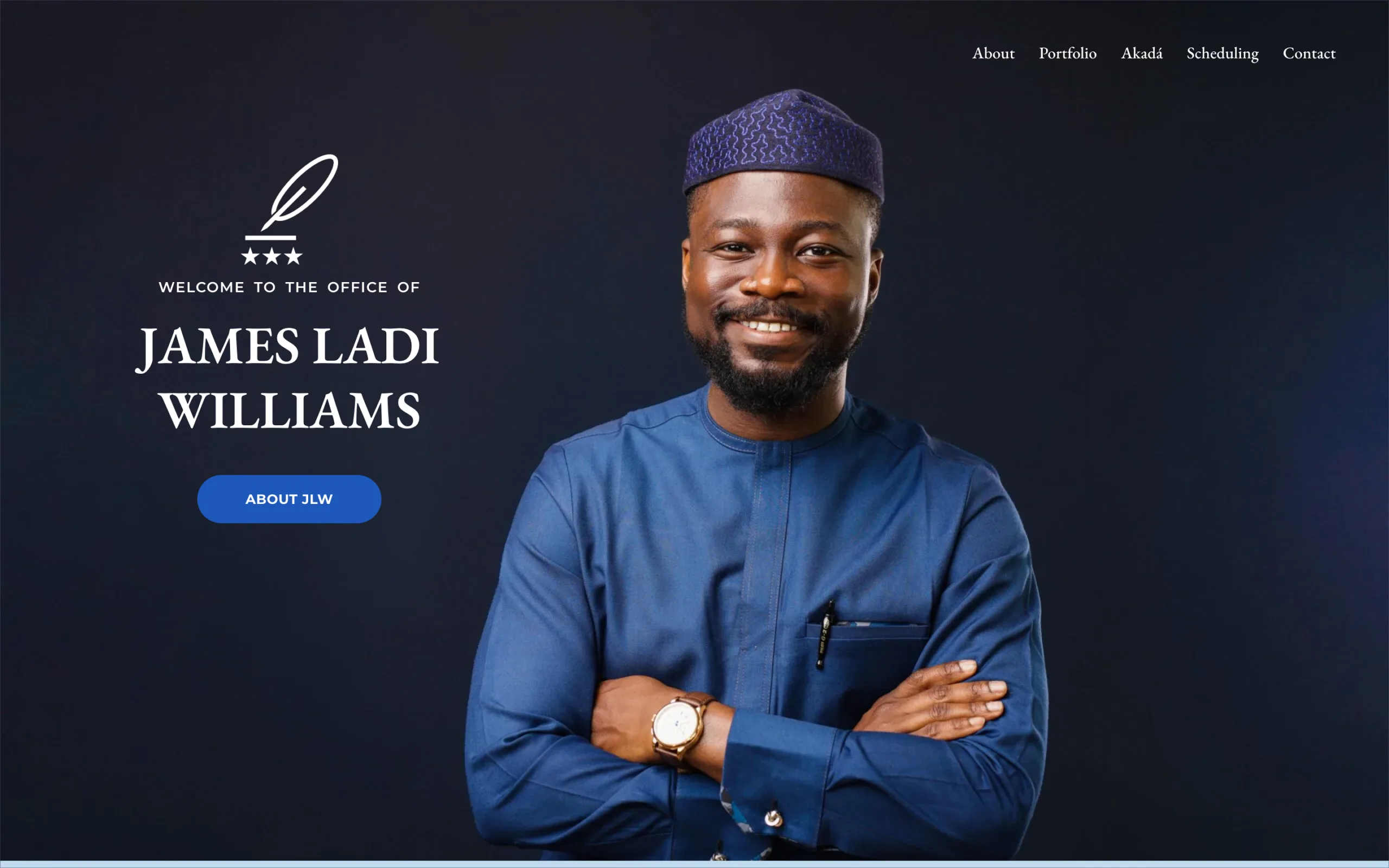 James Ladi Williams portfolio homepage with personal brand identity