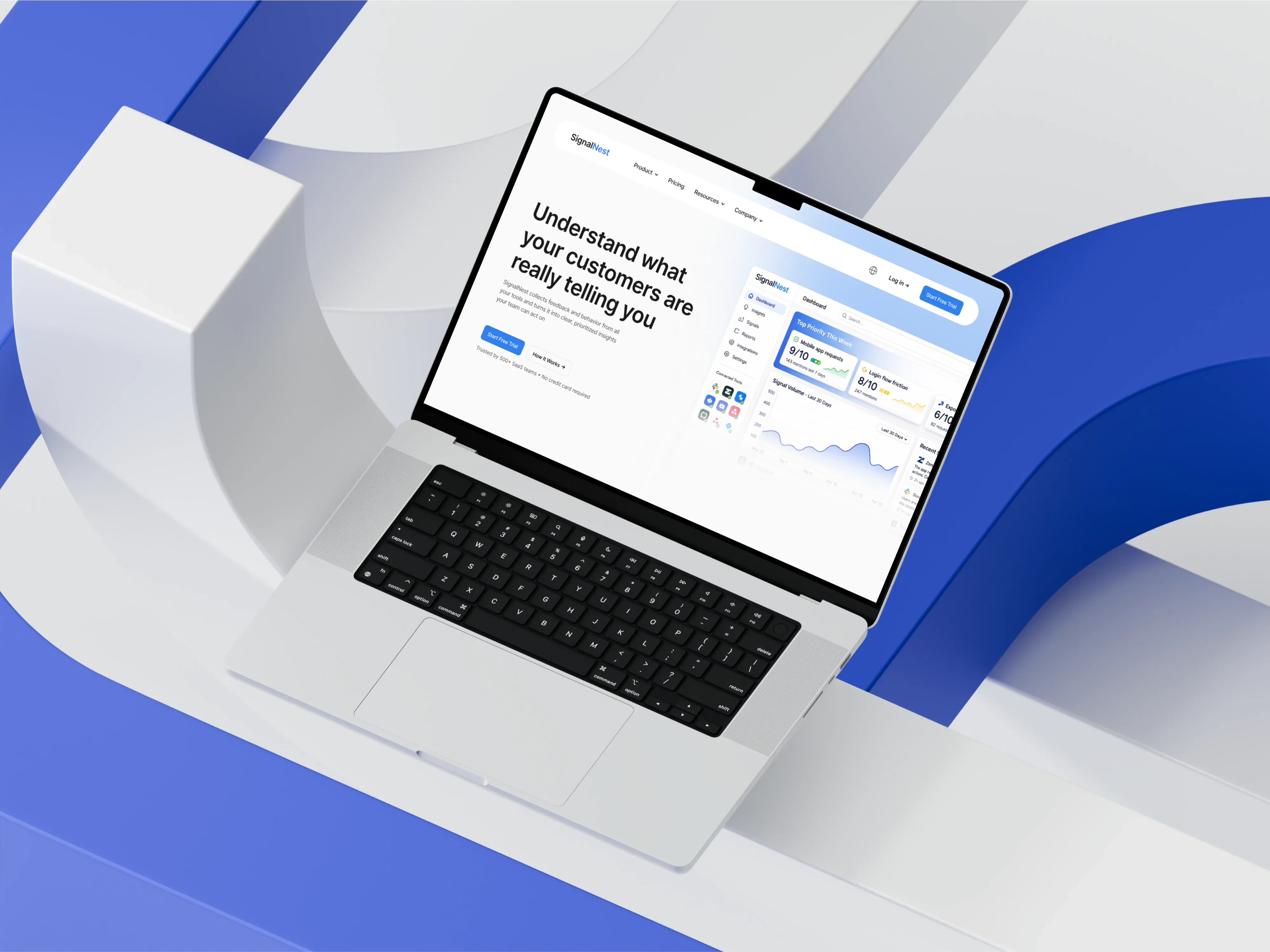 Signal Nest SaaS platform homepage displayed on laptop mockup